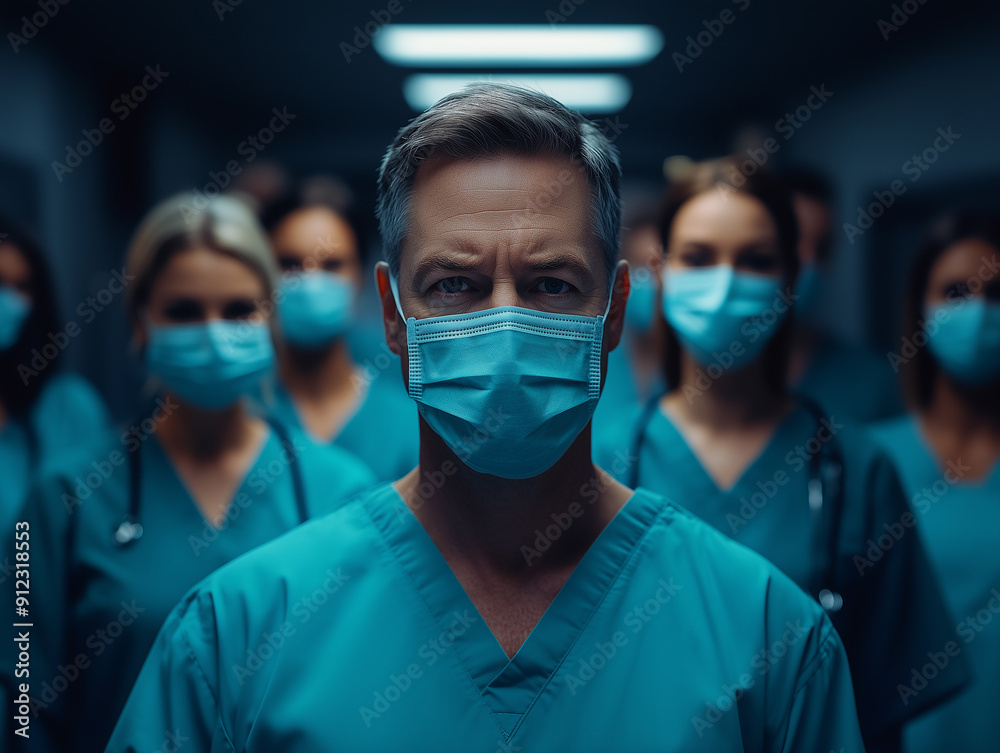 A group of healthcare professionals stands in a dimly lit hospital corridor, all wearing surgical masks and scrubs. The focus is on a lead doctor, who gazes intently at the camera A group of healthcare professionals stands in a dimly lit hospital corridor, all wearing surgical masks and scrubs. The focus is on a lead doctor, who gazes intently at the camera