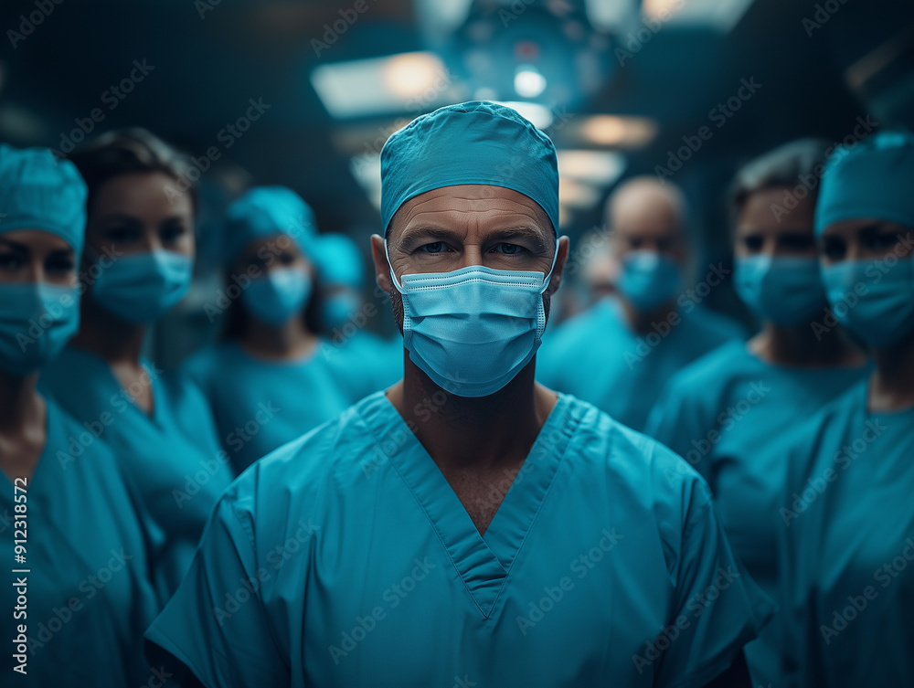 A group of medical professionals stands poised for an operation, dressed in blue surgical scrubs and masks. A group of medical professionals stands poised for an operation, dressed in blue surgical scrubs and masks.