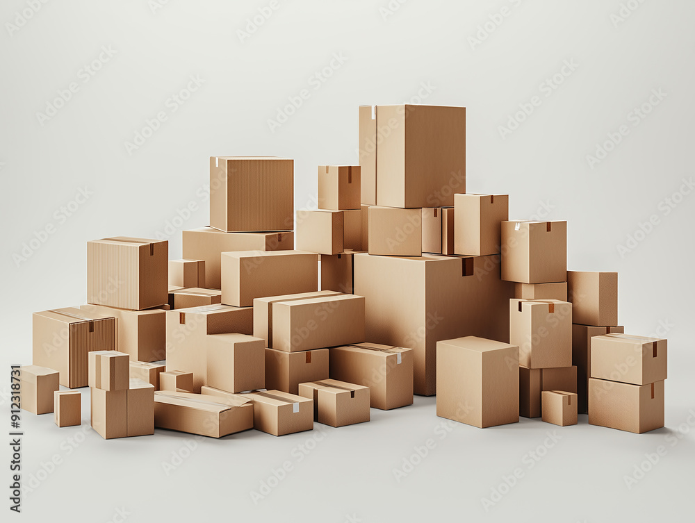 A multitude of brown cardboard boxes of different sizes are arranged in a stacked formation. The boxes display various dimensions and styles, creating an organized yet chaotic look. A multitude of brown cardboard boxes of different sizes are arranged in a stacked formation. The boxes display various dimensions and styles, creating an organized yet chaotic look.