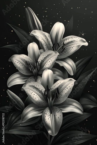 Monochrome Floral Painting on Black Background