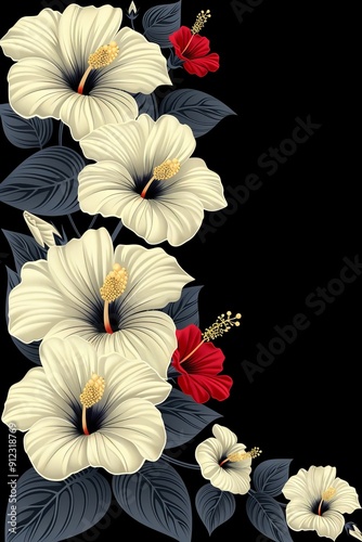 White and Red Flowers on Black Background