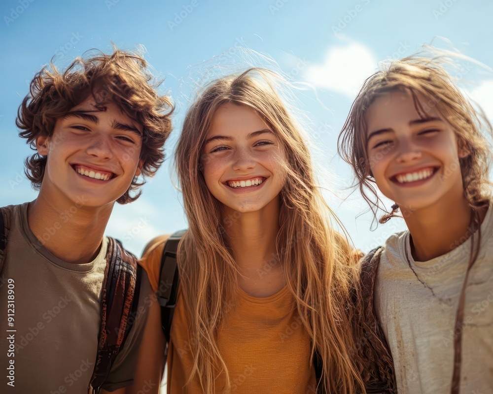 Happy young friends enjoying outdoor time together under a blue sky Happy young friends enjoying outdoor time together under a blue sky