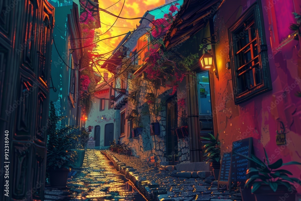 A Narrow Cobblestone Street in an Old Town A Narrow Cobblestone Street in an Old Town