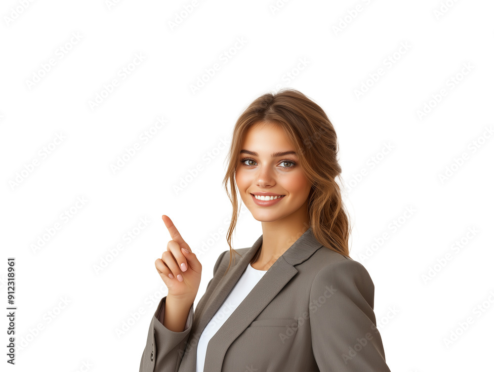 A young woman dressed in a stylish suit stands confidently, smiling brightly while pointing with her index finger. A young woman dressed in a stylish suit stands confidently, smiling brightly while pointing with her index finger.