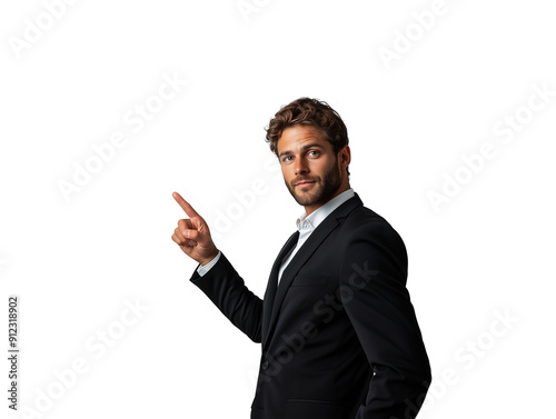 A well-groomed man dressed in a classic black suit stands confidently. He points upward with his right index finger, exuding a sense of assurance and authority. photo