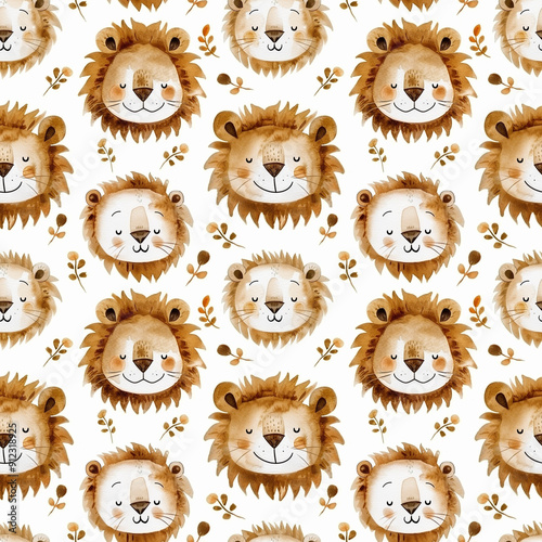 Watercolor seamless pattern with cute baby lion faces isolated on white background. photo