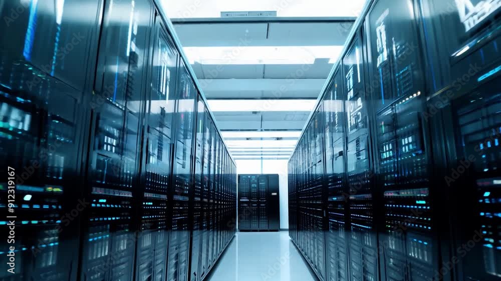 Rows of sleek server racks store vast amounts of data, illuminated by bright overhead lights in a modern data center environment. Rows of sleek server racks store vast amounts of data, illuminated by bright overhead lights in a modern data center environment.