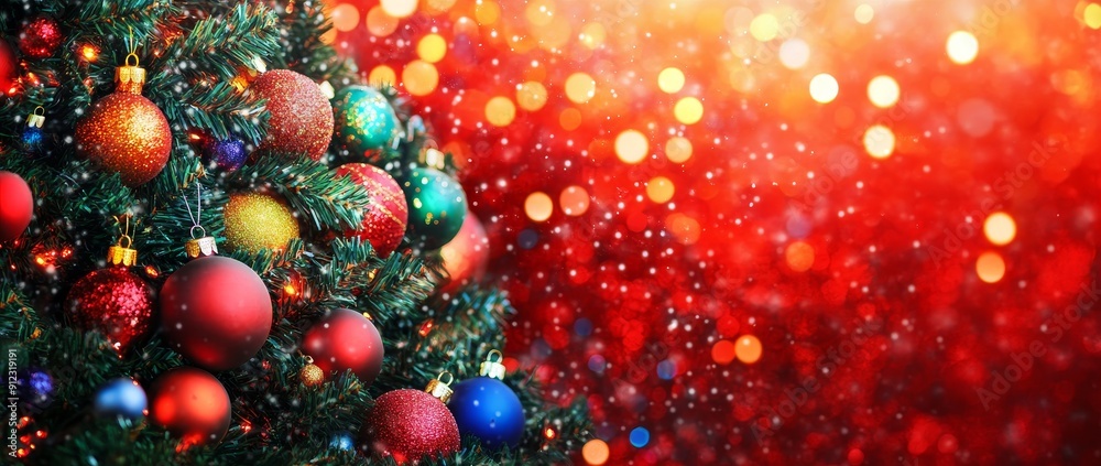 A defocused Christmas tree with a red glitter background A defocused Christmas tree with a red glitter background