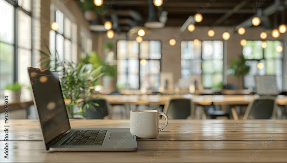 Laptop and Coffee Cup on Wooden Table in Modern Cafe Laptop and Coffee Cup on Wooden Table in Modern Cafe