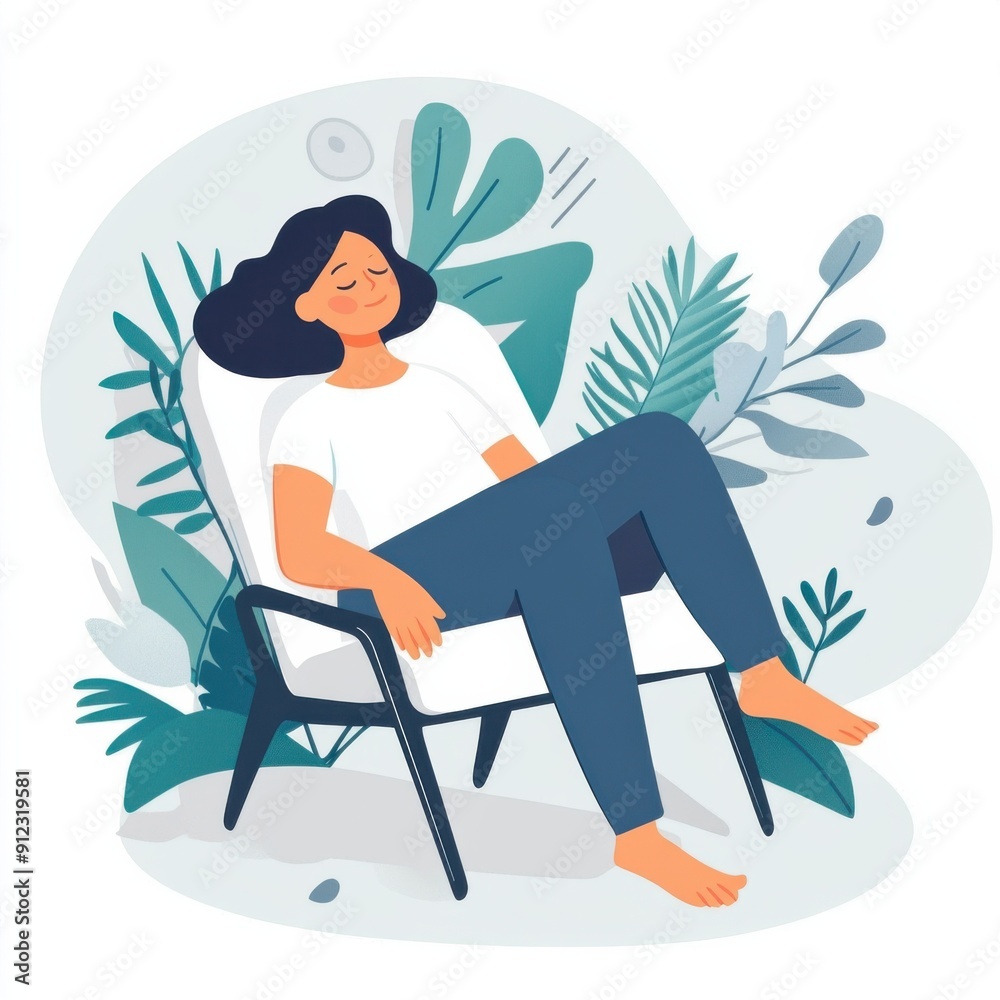 Serene Relaxation Amidst Nature: A young woman finds tranquility in a cozy armchair, surrounded by lush foliage, embodying the essence of peace and self-care. Serene Relaxation Amidst Nature: A young woman finds tranquility in a cozy armchair, surrounded by lush foliage, embodying the essence of peace and self-care.