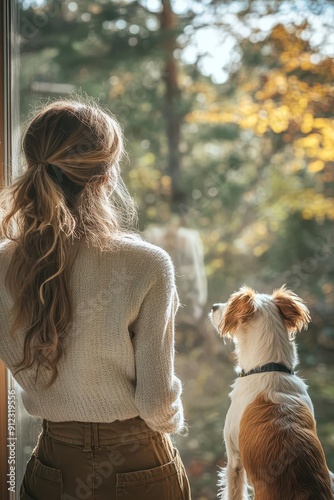 Young woman stands with her dog and looks out of the window while making repairment of a new house on nature. Creative process of home renovation and repair, friendship with pets concept photo