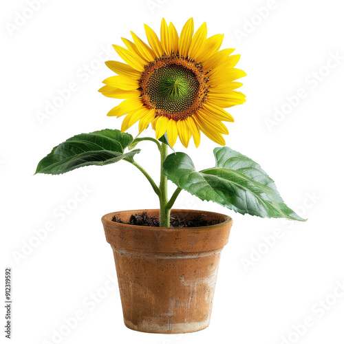 Vibrant Sunflower Blooming In A Rustic Clay Pot photo