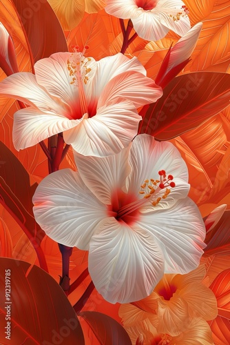 White and Orange Flowers on Orange Background