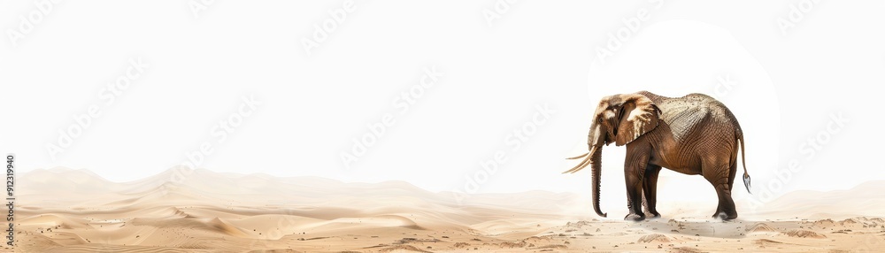 Fototapeta premium A majestic elephant stands alone in a vast, arid landscape, showcasing the beauty and strength of wildlife.