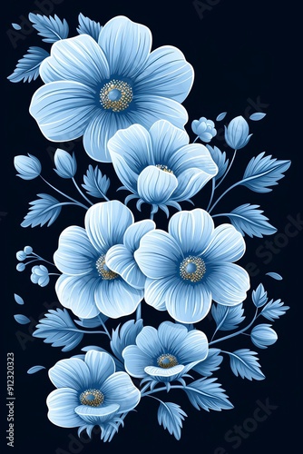 Blue Flowers on Black Background