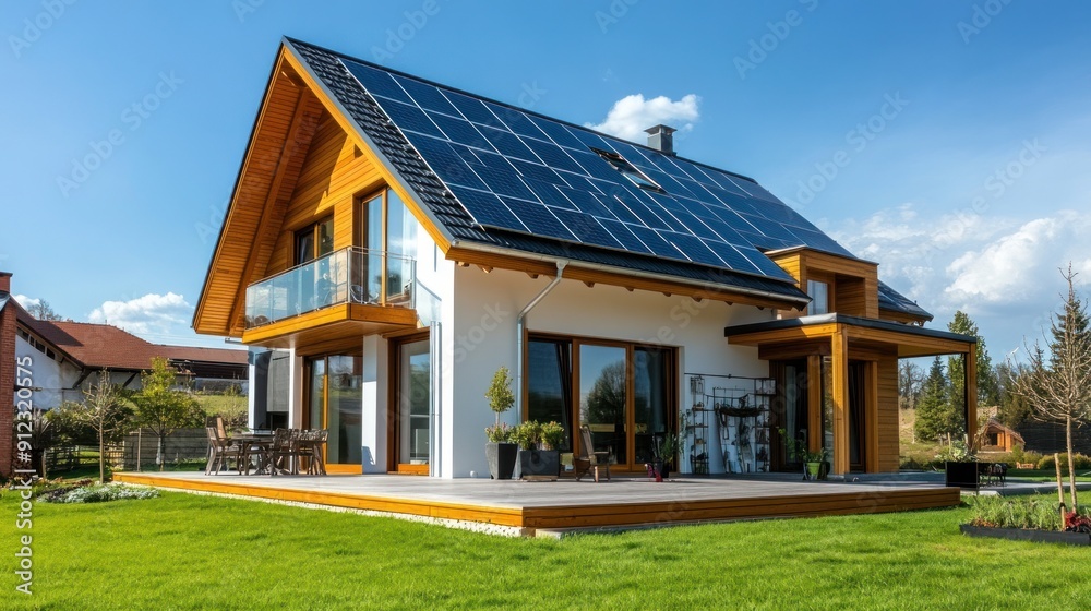 Modern House with Solar Panels and Wooden Accents Modern House with Solar Panels and Wooden Accents