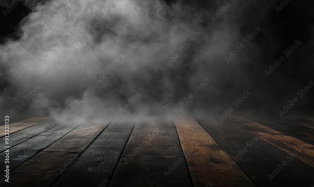 Backdrop with abstract defocused smoke on wooden table - fog in darkness Backdrop with abstract defocused smoke on wooden table - fog in darkness