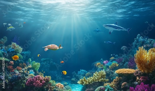 Diving in a coral reef with tropical sea life