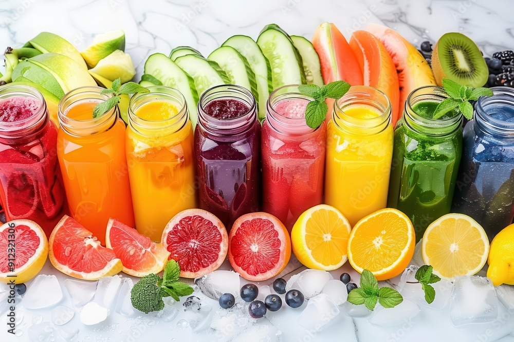 vibrant rainbow of fresh fruit and vegetable smoothies in mason jars arranged on ice with ingredients artfully scattered vibrant rainbow of fresh fruit and vegetable smoothies in mason jars arranged on ice with ingredients artfully scattered