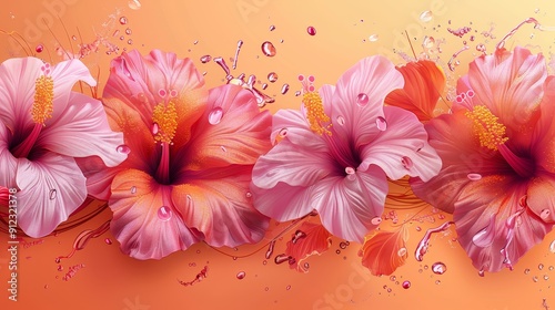 Three Pink Flowers on an Orange Background