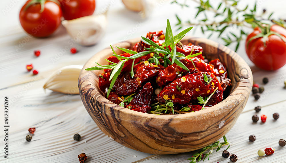 Sun-dried tomatoes with herbs and garlic in wooden bowl Sun-dried tomatoes with herbs and garlic in wooden bowl