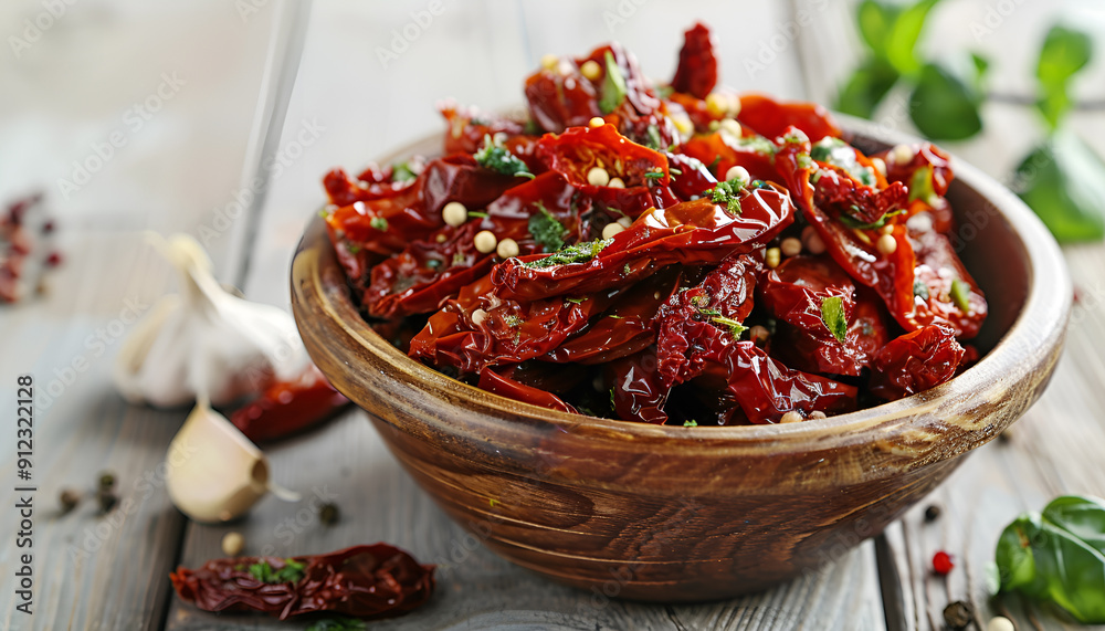 Sun-dried tomatoes with herbs and garlic in wooden bowl Sun-dried tomatoes with herbs and garlic in wooden bowl