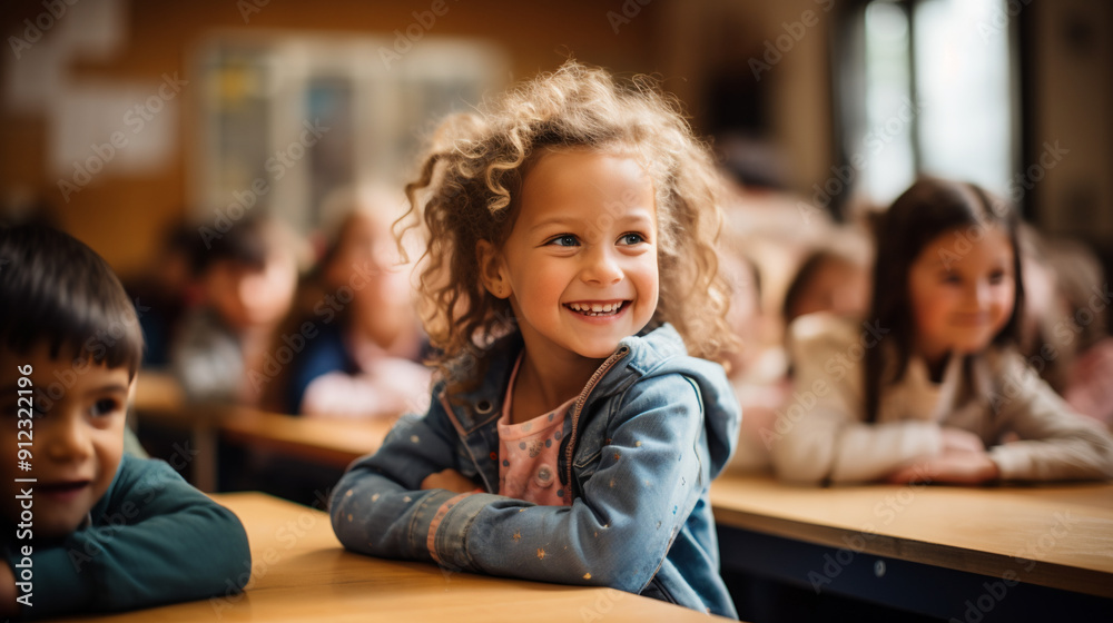 Small girl laughs happily in a primary school class, photography. Small girl laughs happily in a primary school class, photography.