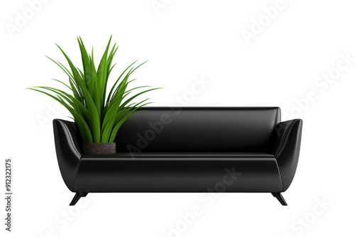 A Lush Green Plant Adds Life To A Sleek Black Leather Sofa on a White or Clear Surface PNG Transparent Background