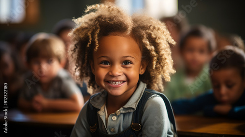 Small girl laughs happily in a primary school class, photography.