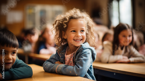Small girl laughs happily in a primary school class, photography.