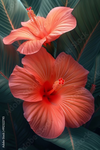 Two Pink Flowers With Green Leaves