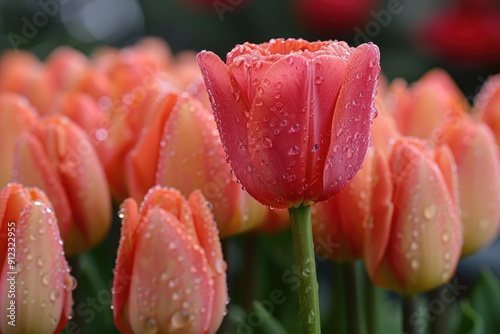 Dew-Covered Pink Tulip Bud Among Others