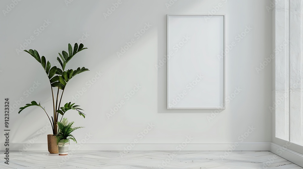 Fototapeta premium A mock-up of a blank poster hanging on a white wall with a small potted plant beside it, ideal for presenting poster or artwork designs. 8k UHD, suitable for high-quality printing or digital 
