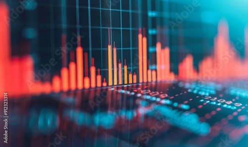 financial growth and success - red and yellow bar graph data visualization on computer screen with blurry numbers in foreground.