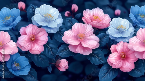 Pink and Blue Flowers on Blue Background