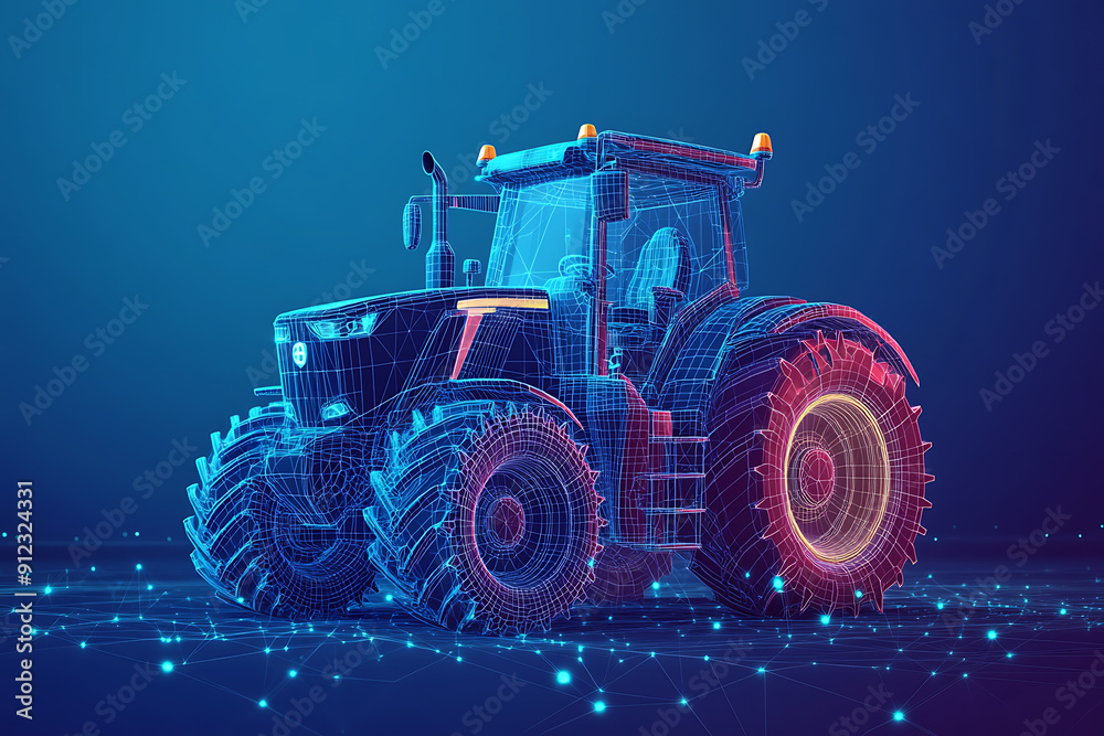 Digital wireframe illustration of a tractor on a blue background, highlighting its robust structure and innovation in modern agricultural machinery.
Digital wireframe illustration of a tractor on a blue background, highlighting its robust structure and innovation in modern agricultural machinery.