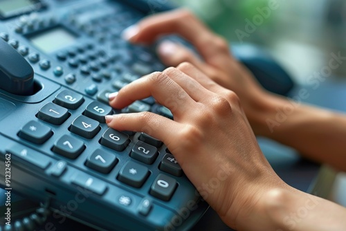 Hand Pressing a Button on a Telephone Keypad photo