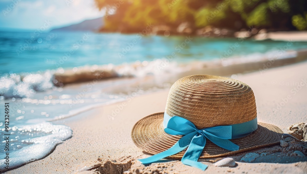 Straw Hat with Blue Ribbon on Sandy Beach with Ocean Waves Straw Hat with Blue Ribbon on Sandy Beach with Ocean Waves