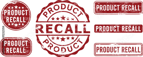 Product recall rubber stamp red design collection, various grunge style shapes
