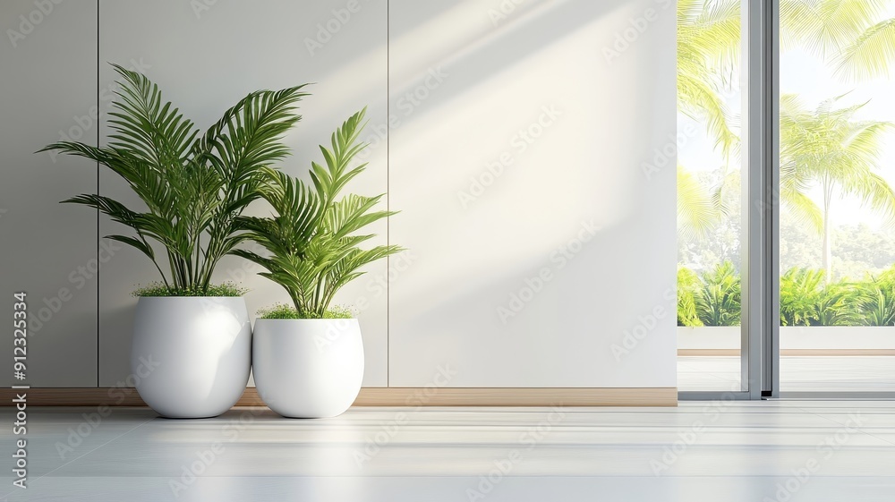 Hotel lobby transformed into lush indoor garden with large-leafed plants. Hotel lobby transformed into lush indoor garden with large-leafed plants.
