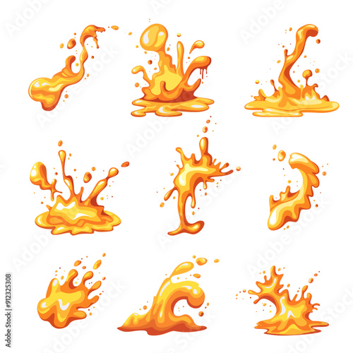 lava splashes. yellow boom dynamic explosion animation flash, game video effect, cartoon liquid magma drops. vector game ui items isolated on white background.