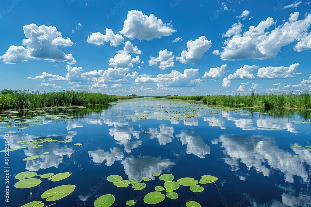 Lush Green Marsh Reflecting White Clouds in Blue Water Lush Green Marsh Reflecting White Clouds in Blue Water