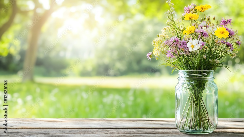 A beautiful bouquet of wildflowers in a glass jar, set against a serene green background. Perfect for nature-themed projects. A beautiful bouquet of wildflowers in a glass jar, set against a serene green background. Perfect for nature-themed projects.