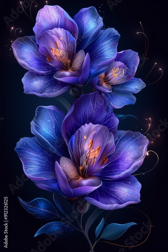 Three Purple Flowers on a Black Background