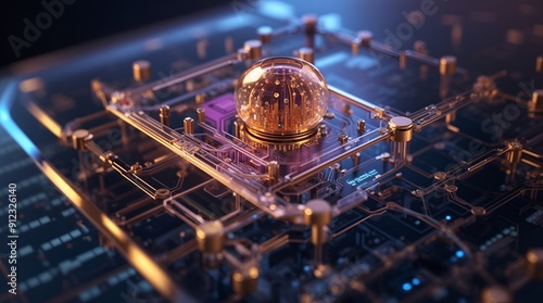 Quantum Core: A mesmerizing close-up of a futuristic, golden CPU encased in a transparent, intricate structure, pulsating with energy and data, embodying the cutting edge of technology. 