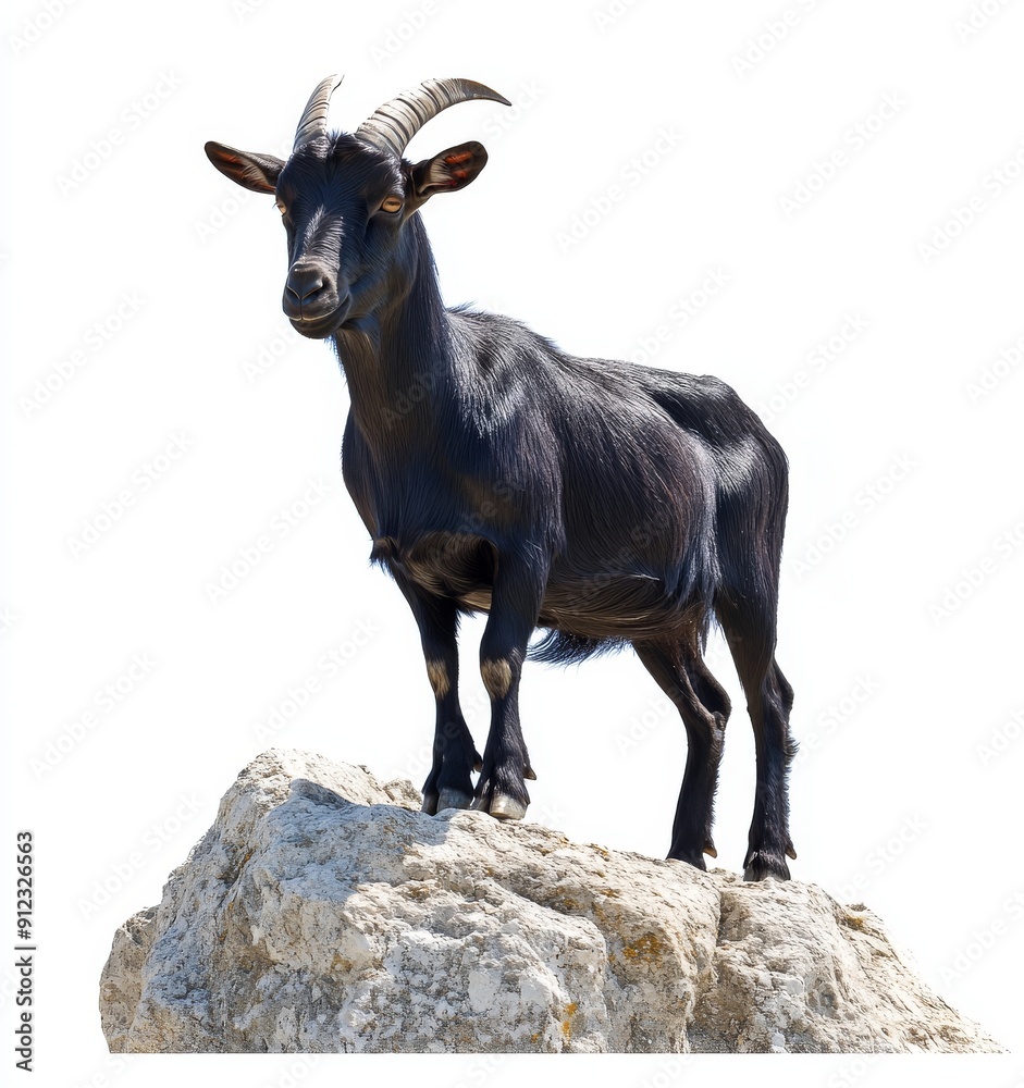 The image of a black goat stands on a rock on a white background as a transparent PNG, animal icon The image of a black goat stands on a rock on a white background as a transparent PNG, animal icon