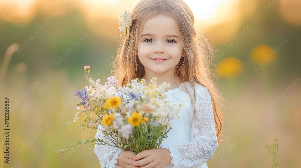 A cheerful girl holds a bouquet of wildflowers, standing in a sunlit field, embracing nature's beauty with a bright smile. A cheerful girl holds a bouquet of wildflowers, standing in a sunlit field, embracing nature's beauty with a bright smile.