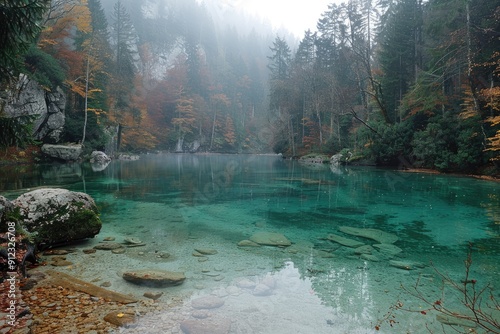 Misty Forest Lake with Clear Water and Rocks photo