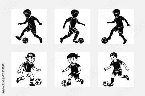 Inspiring kids playing football silhouette white background artwork set
