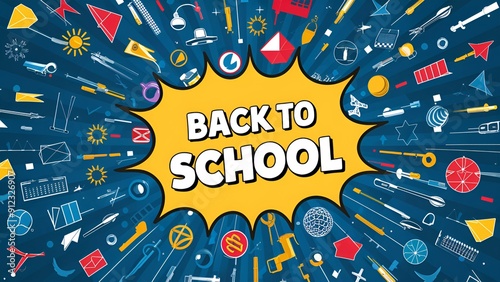 dynamic back to school background with a burst of colorful geometric shapes and symbols representing different academic subjects photo